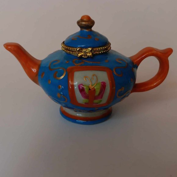 BUTTERFLY TRINKET PORCELAIN HINGED MINI TEAPOT - ABOUT 3" TALL - BLUE & BRICK - Picture 2 of 8